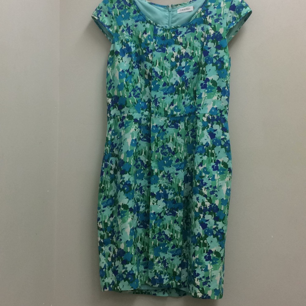 Calvin Klein Sz 8 sheath linen print abstract